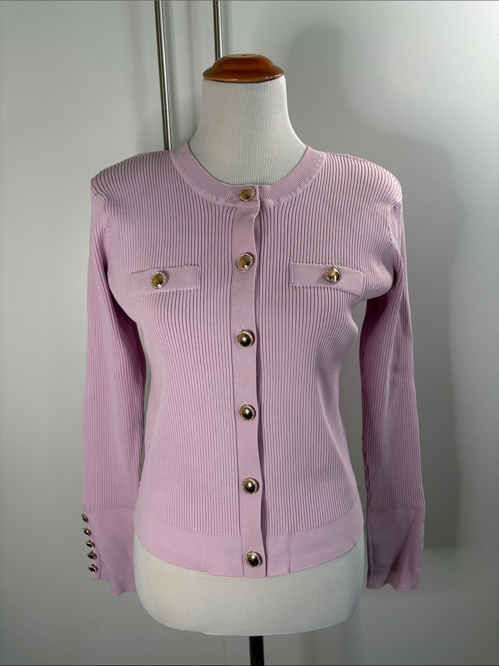 Generation Love Pink Ribbed Gold Jeweled Button-Front Sweater Cardigan L